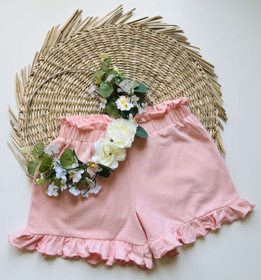 Short fille uni à volant rose